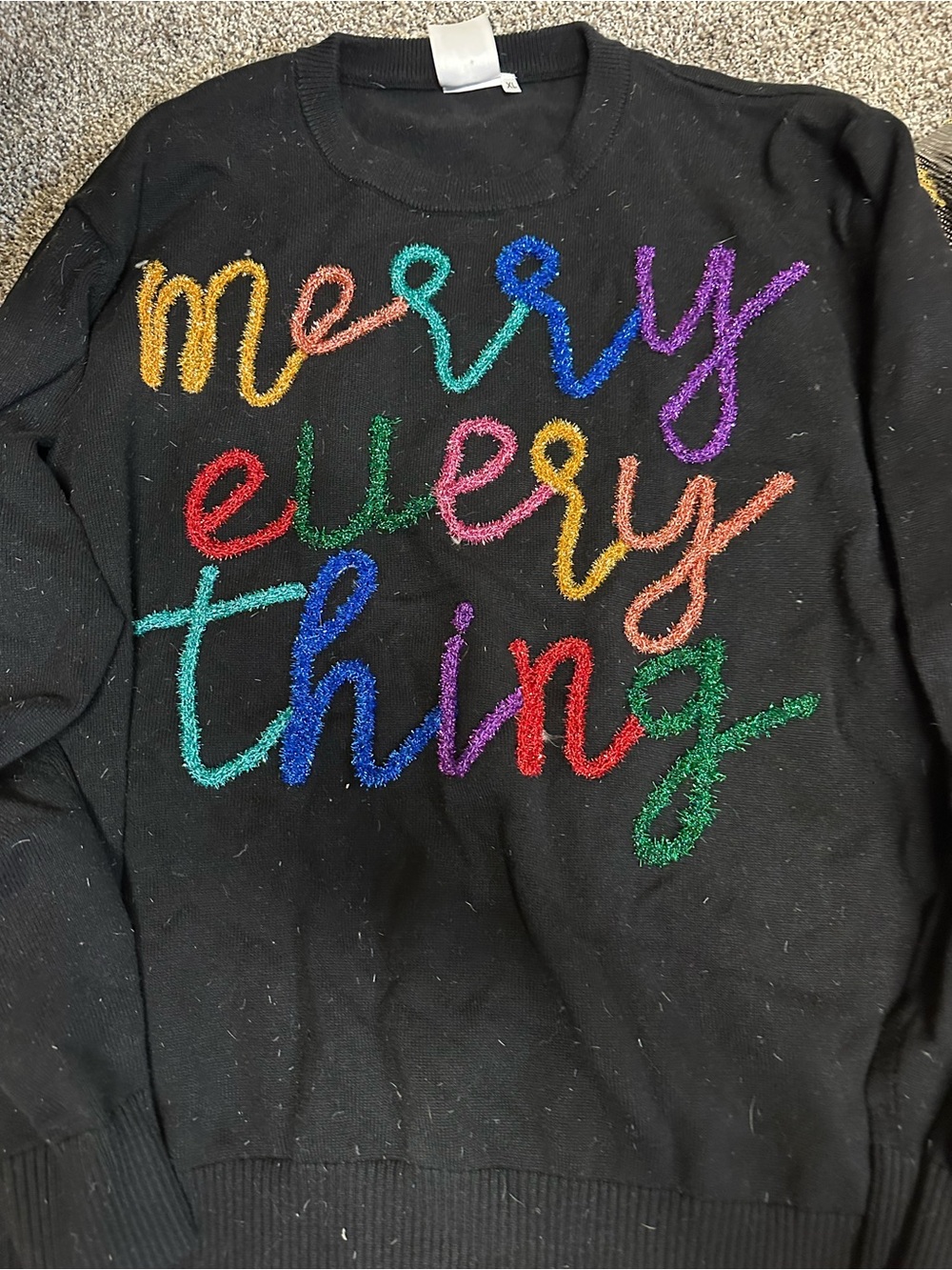 QOS Black 'Merry Everything' Multicolor Script Sweater